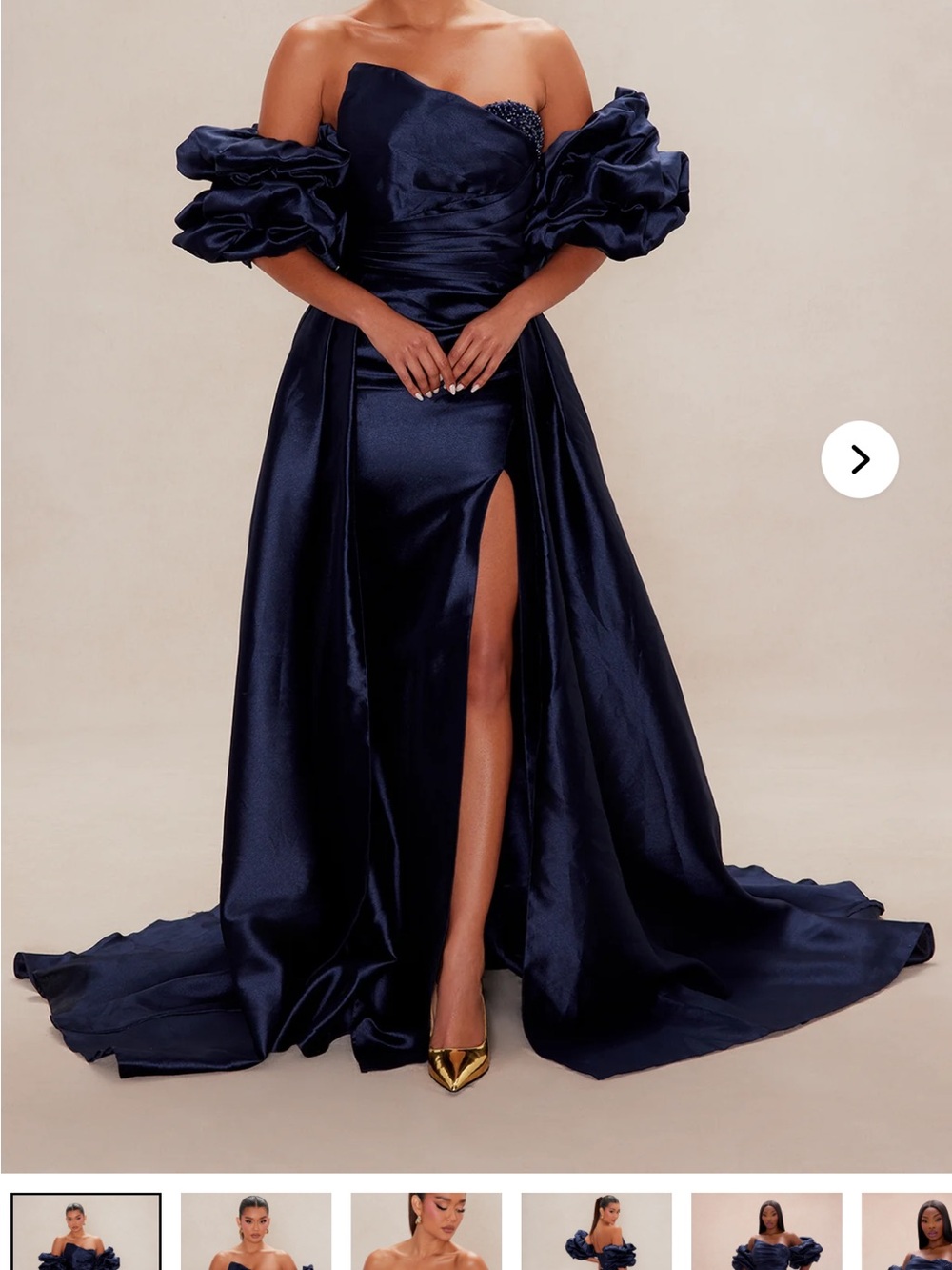 Fashion Nova Navy Satin Off-Shoulder Ball Gown with Puff Sleeves